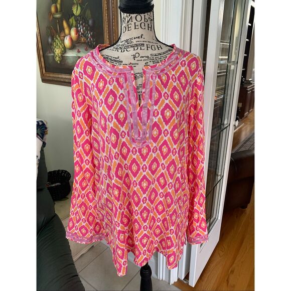 Twiggy London Womens Boho Geometric Tunic Top Pink Orange Blouse Metallic - Picture 8 of 8